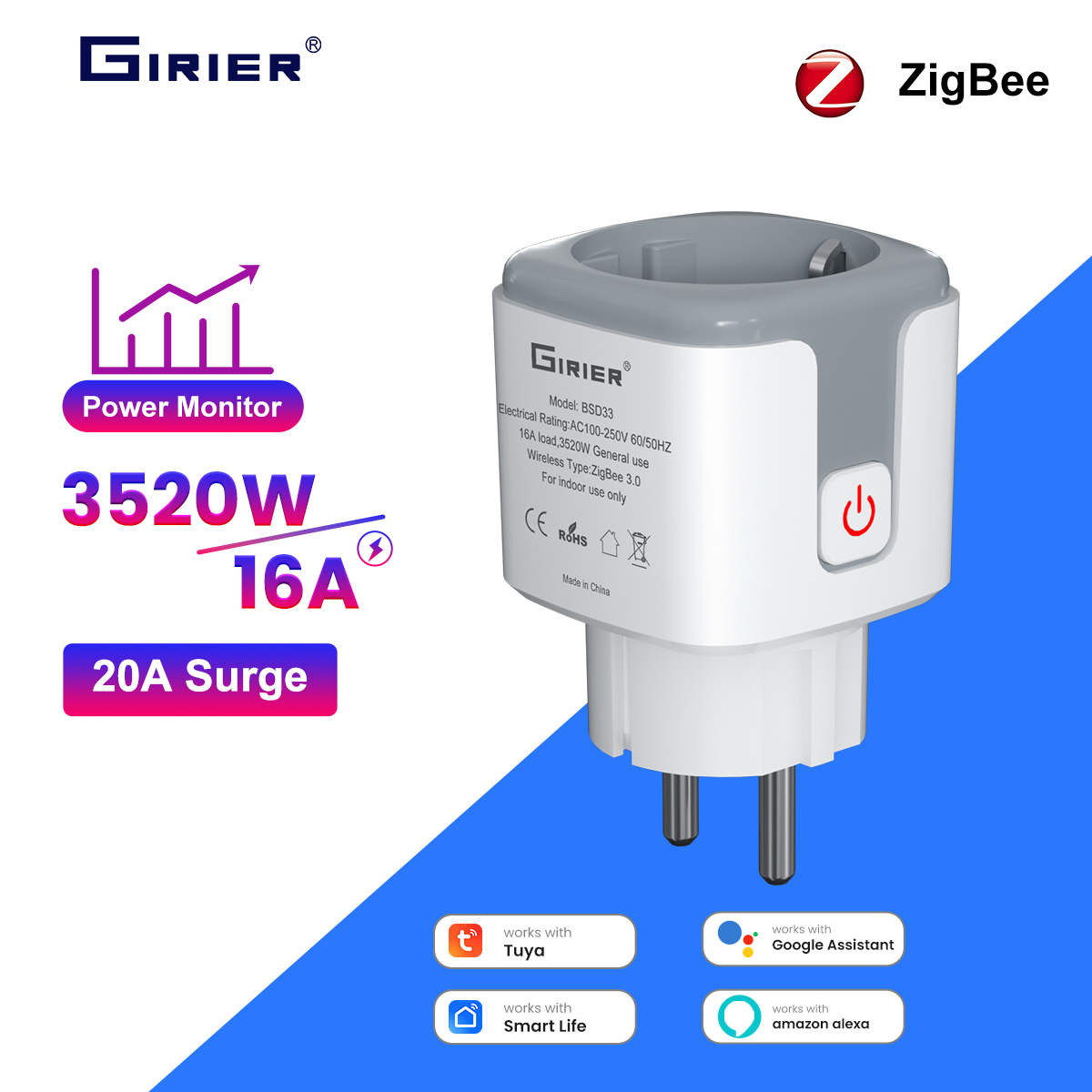 Smart Plug Zigbee 16A - Enchufe Inteligente GIRIER Tuya ZigBee de
