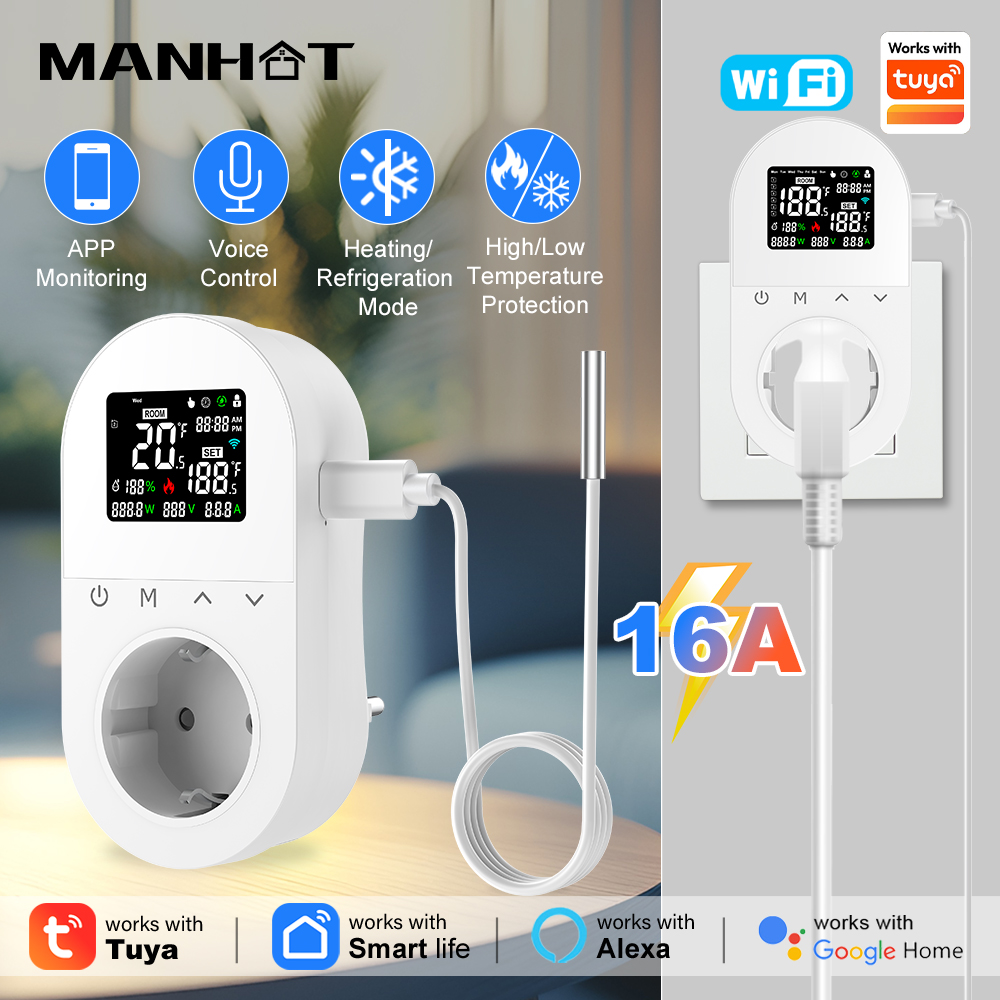 Smart Socket 16A Tuya App - MANHOT Enchufe Termostático Inteligente WiFi de